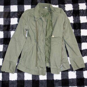 Y2K Roxy green military jacket with zipper, featuring a relaxed fit